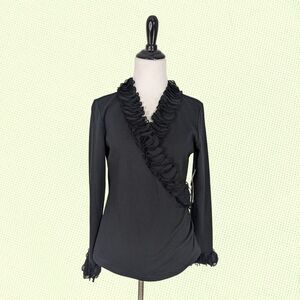 Samuel Dong Black Blouse M‎ ruffles V-neck sleeves